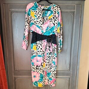100% Silk Floral Leopard Print Midi Dress with Black Waist Accents - Pink/Teal